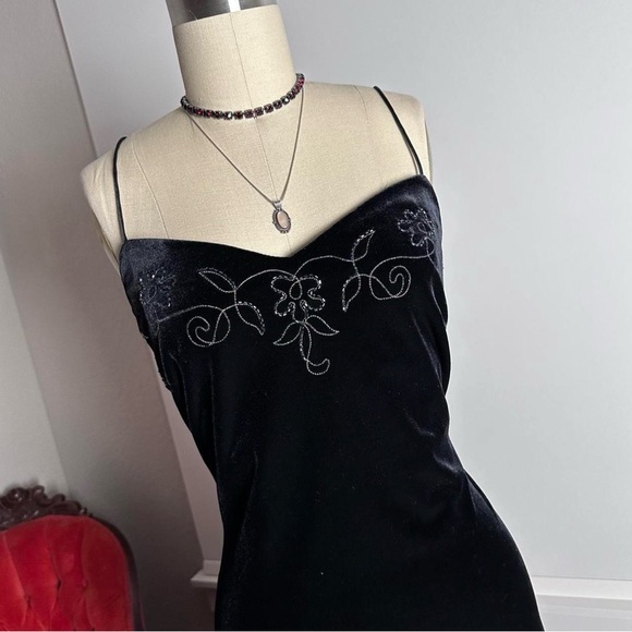 Dresses & Skirts - Black Velvet Spaghetti Strap Dress with Floral Embroidery